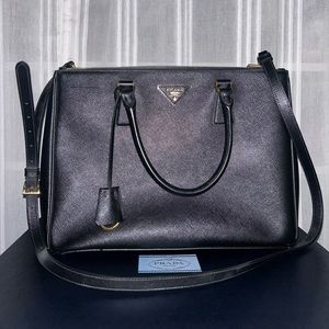 Prada Saffiano Lux Black/Gold Medium Satchel Leather Handbag